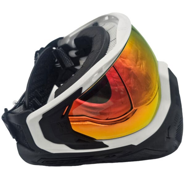 White and black paintball goggle with mirrored lens.