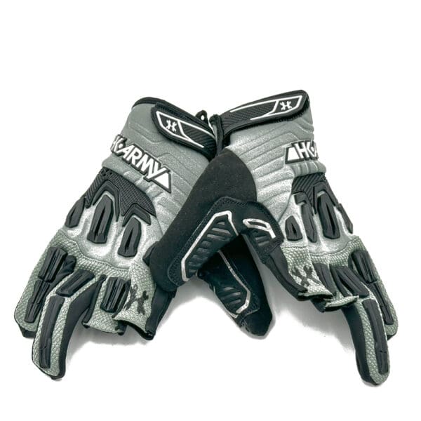 Pair of grey and black motorcycle gloves.