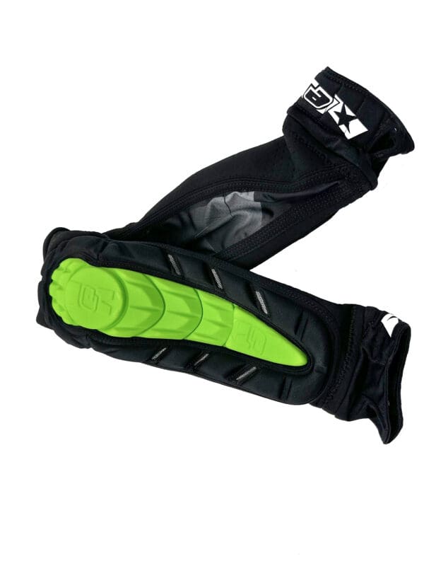 Pair of black and green elbow pads.