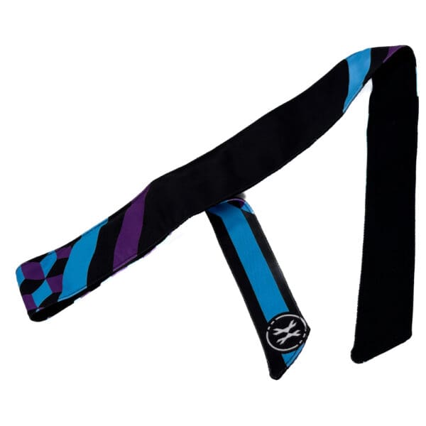 Blue, purple, and black patterned headband.