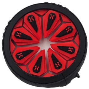 Red and black paintball hopper lid.