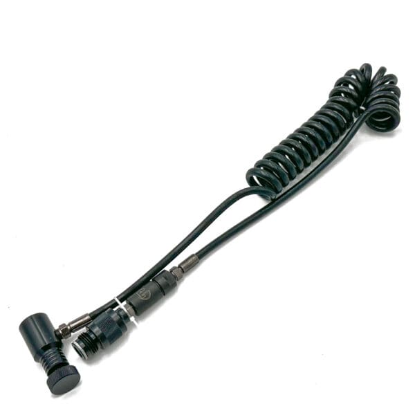 Black coiled air hose with fittings.