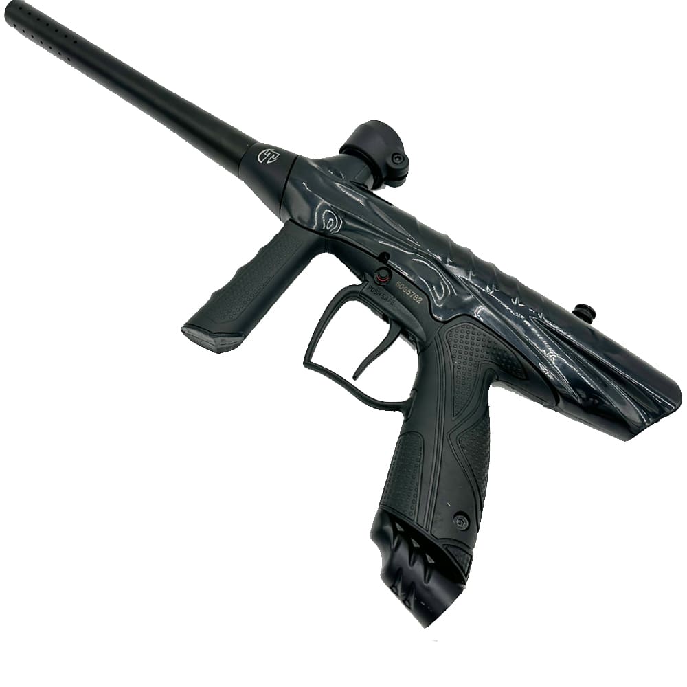 Black and silver paintball marker gun.