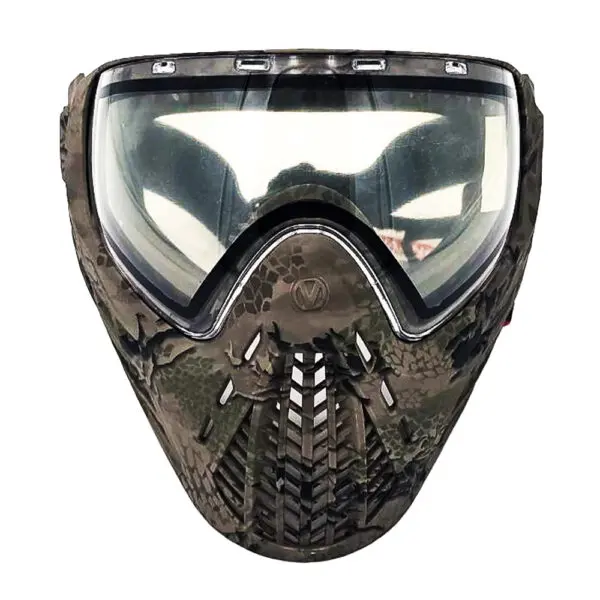 Camouflage paintball mask with clear lens.