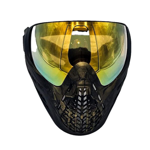 Black paintball mask with yellow lens.