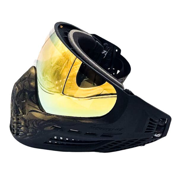 Black paintball mask with gold lens.