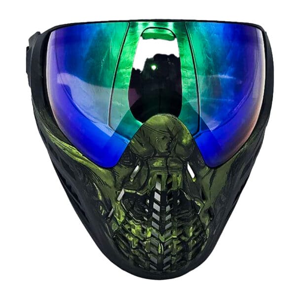 Green and blue paintball mask with skull design.