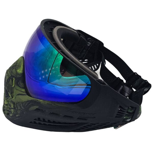 Black paintball mask with green camo and blue lens.