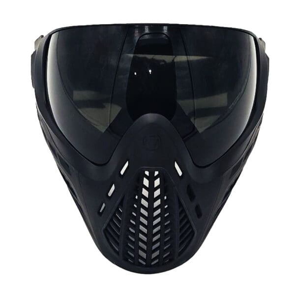 Black paintball mask with visor.