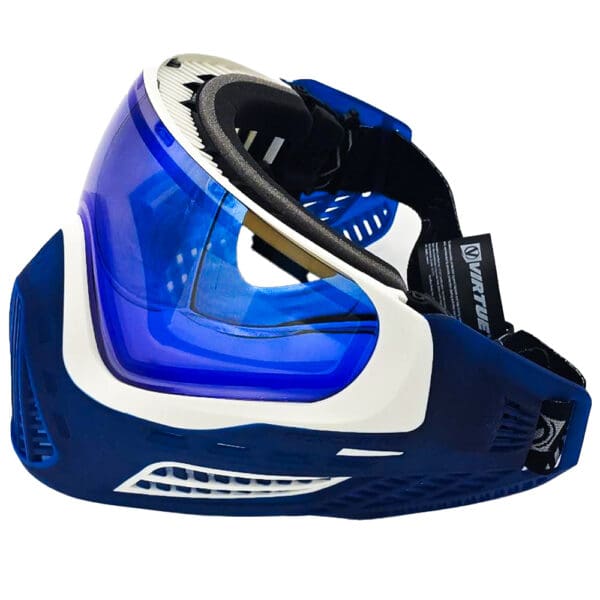 Blue and white paintball mask with visor.