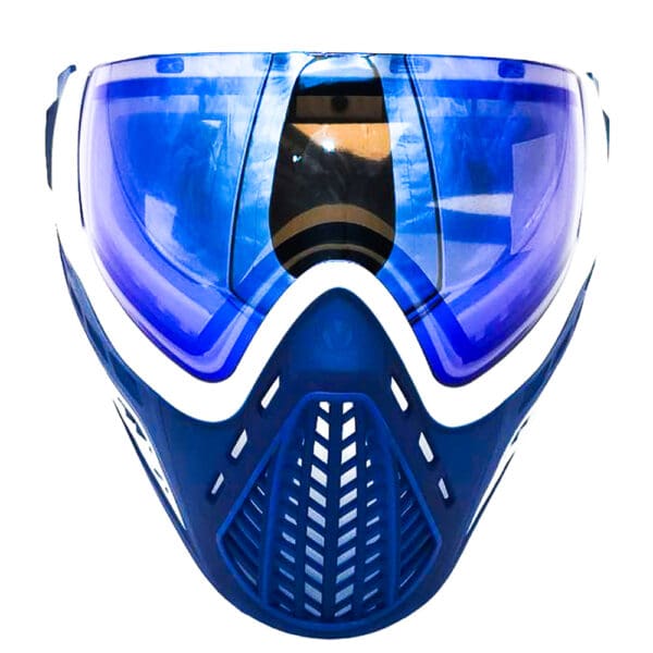 Blue and white paintball mask with visor.