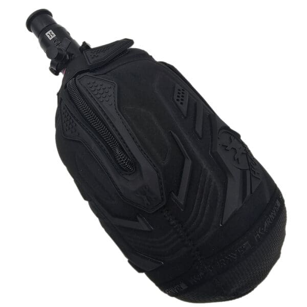 Black paintball tank with protective sleeve.