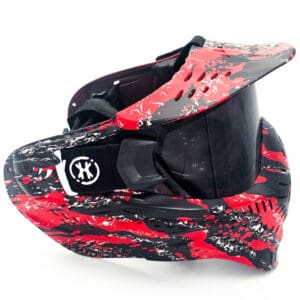 Red and black paintball mask with goggles.