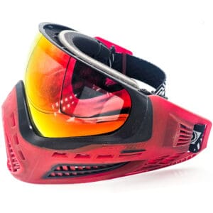 Red paintball mask with thermal lens.