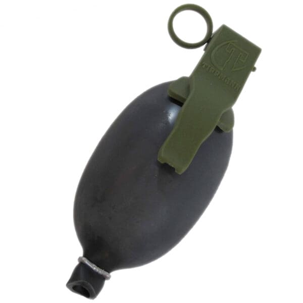 Here's an alt tag for the image: Black rubber training grenade.