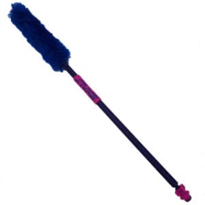 Blue duster brush with long handle.