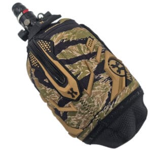 Camouflage paintball tank with pouch.