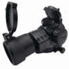 Black red dot rifle scope with caps.