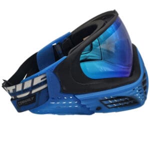 Blue and black paintball mask with thermal lens.