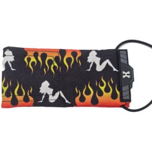 Flames, pin-up girls, black pouch.