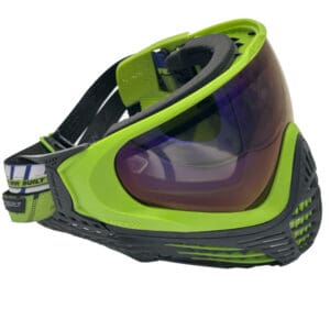 Lime green paintball mask with mirrored lens.