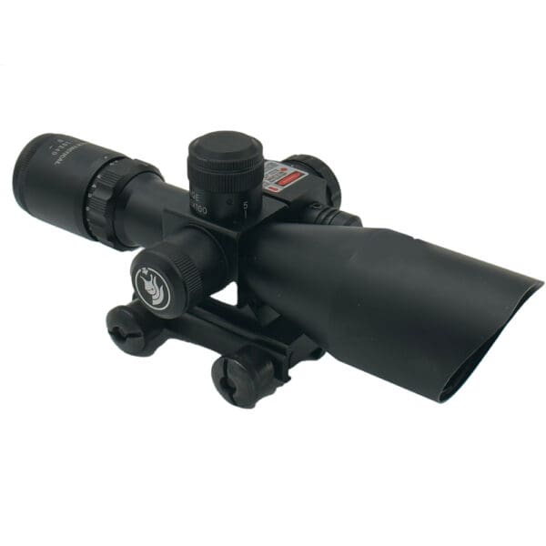 Black rifle scope with laser sight.