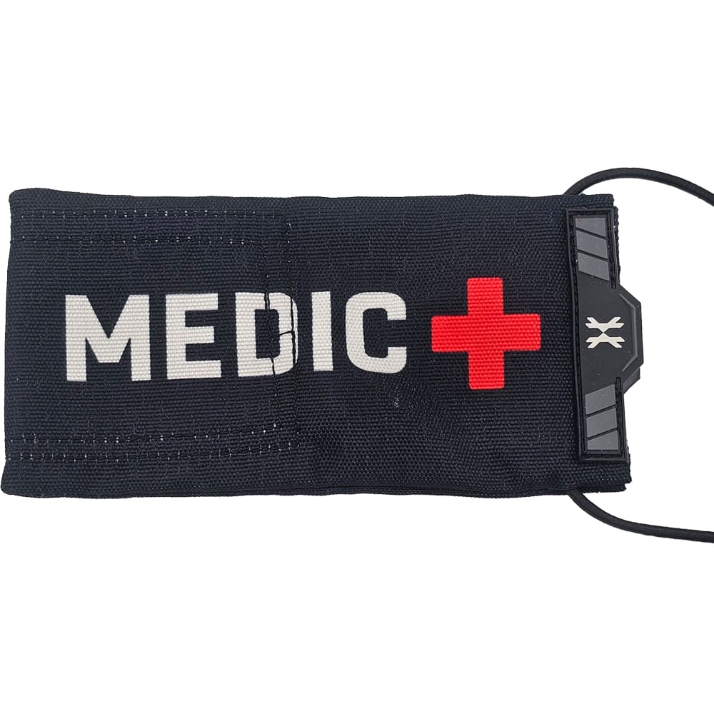 Black medic pouch with red cross.