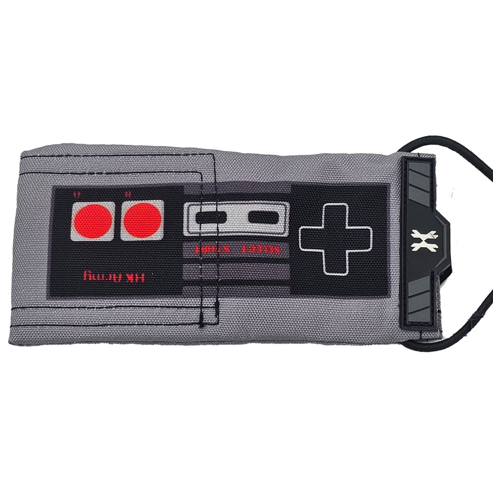 Here's an alt tag for the image: NES controller-style gray pouch.