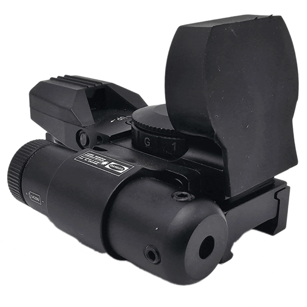 Black laser sight with red dot scope.