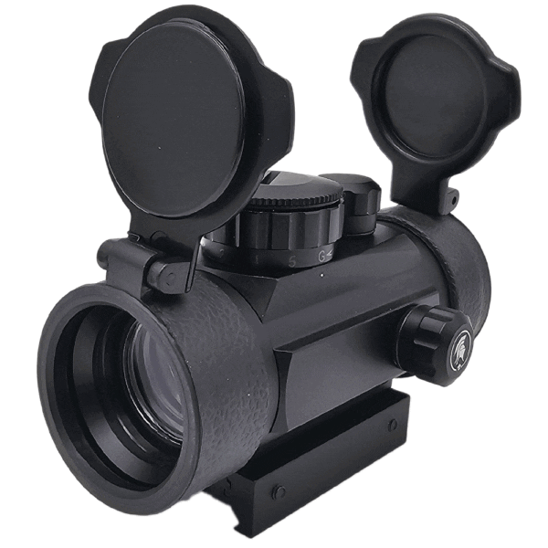 Black red dot sight with lens caps.