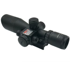 Black laser scope with red dot sight.