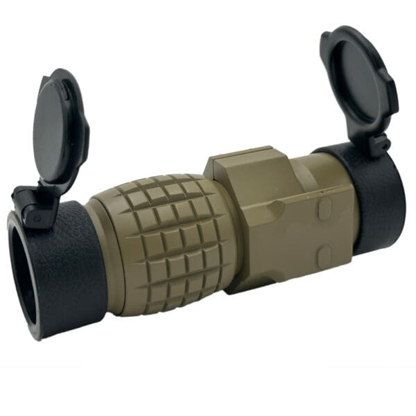 Here's an alt tag for the image: Tan tactical rifle scope with lens caps.