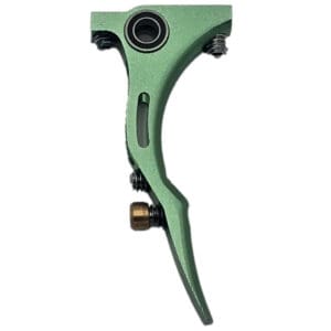 Here's an alt tag for the image: Green anodized aluminum trigger assembly.