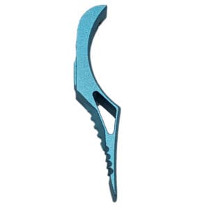 Blue anodized aluminum firearm trigger.