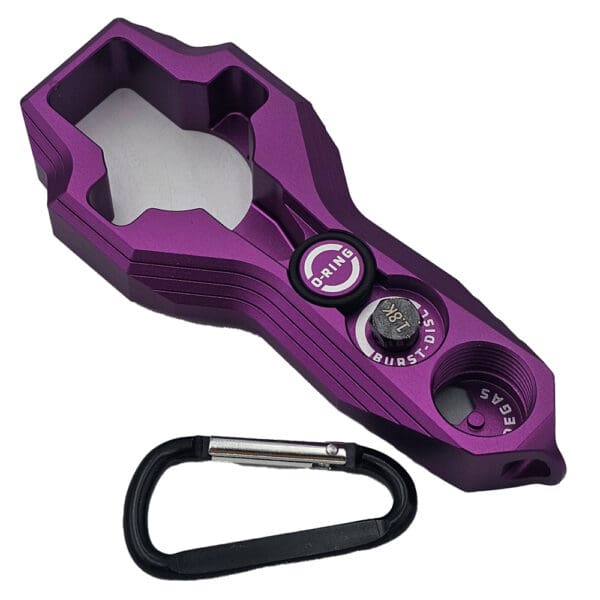 Purple burst disc key with carabiner.