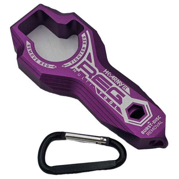 Purple HK Army multi-tool with carabiner.