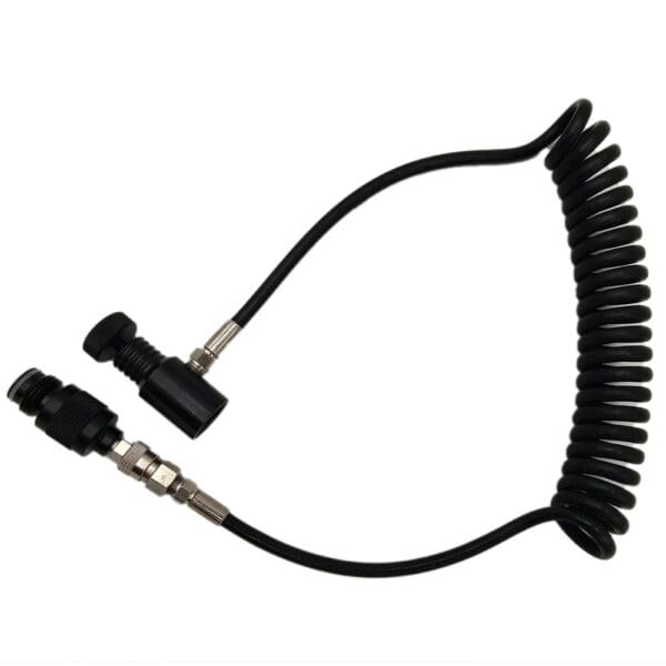 Coiled black air hose with connectors.
