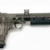 Transparent paintball gun with black grip.