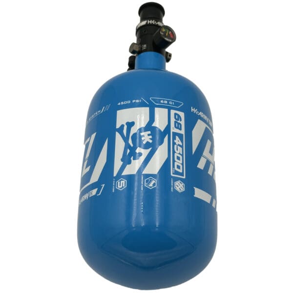 Here's an alt tag for the image: Blue 68/4500 paintball tank.