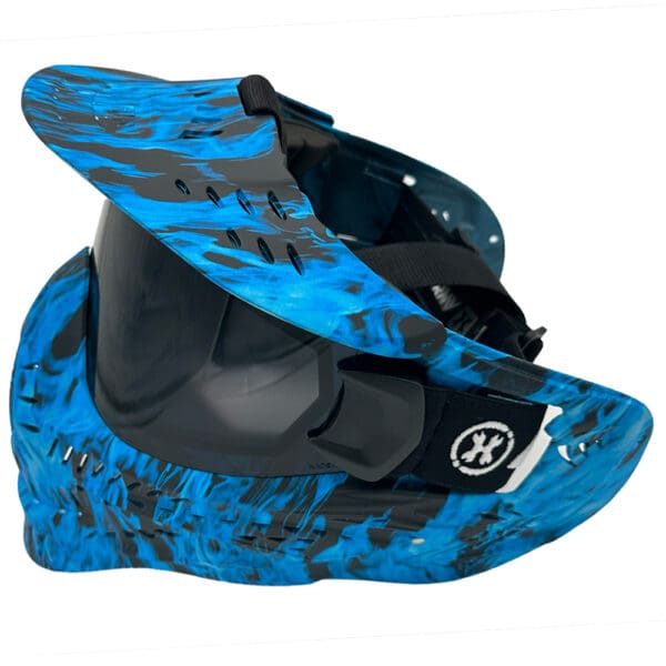 Blue flame paintball mask with visor.