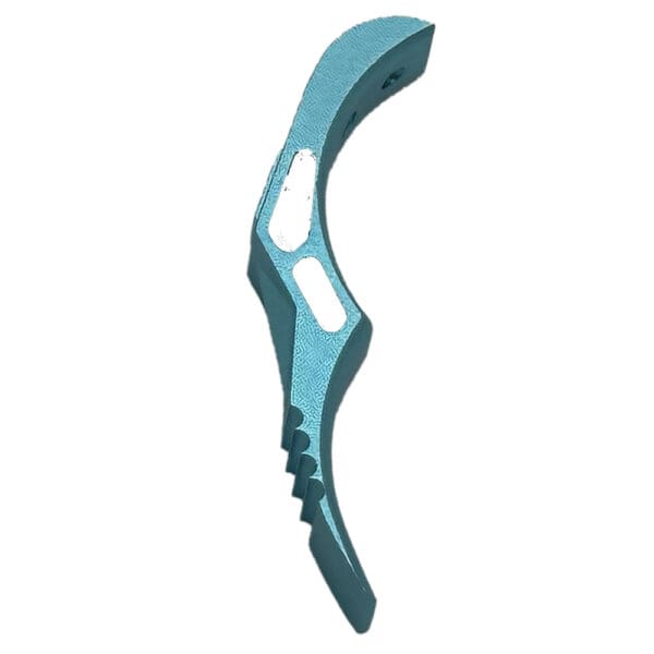 Here's an alt tag for the image: Teal anodized aluminum trigger shoe.