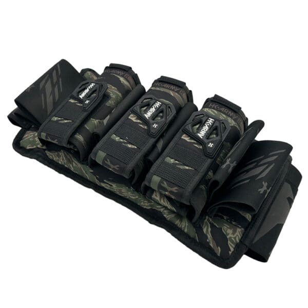 Camouflage paintball pod pack with four pods.