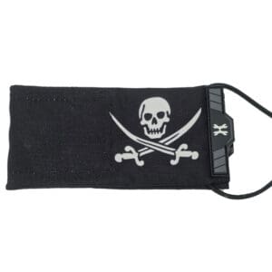 Black pouch with skull and crossbones.