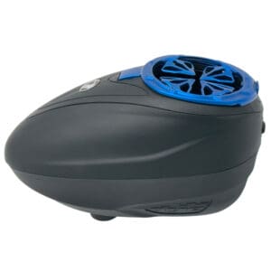 Black paintball hopper with blue accents.