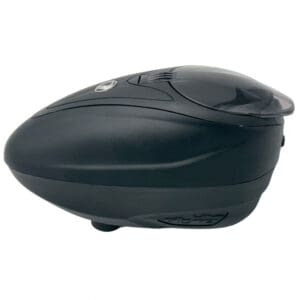 Black paintball hopper with clear lid.