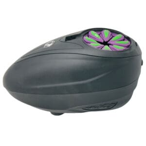 Black paintball hopper with purple and green lid.