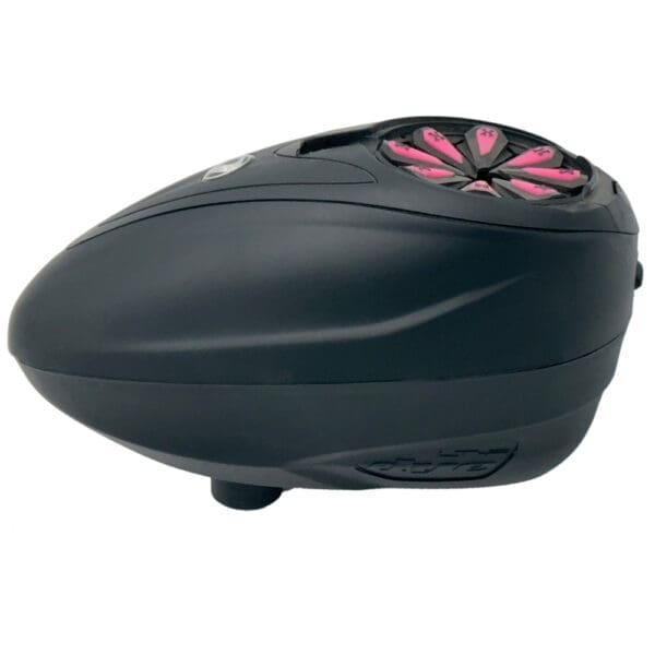 Black paintball hopper with pink loader.