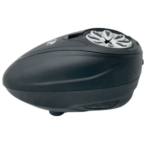 Black paintball hopper, top view.