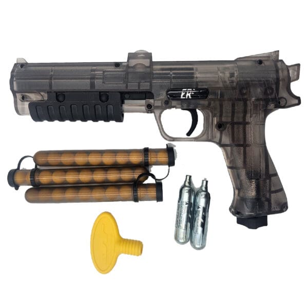 Here's an alt tag for the image: Smoked gray paintball pistol with ammo and CO2.