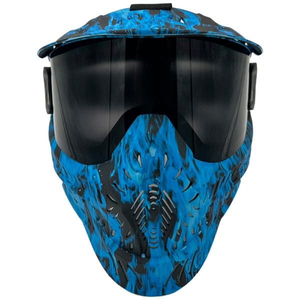 Blue flame paintball mask with goggles.